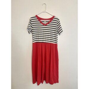 Tickled Teal Striped Bodice & Red Skirt Color Block Dress With Pockets Size L
